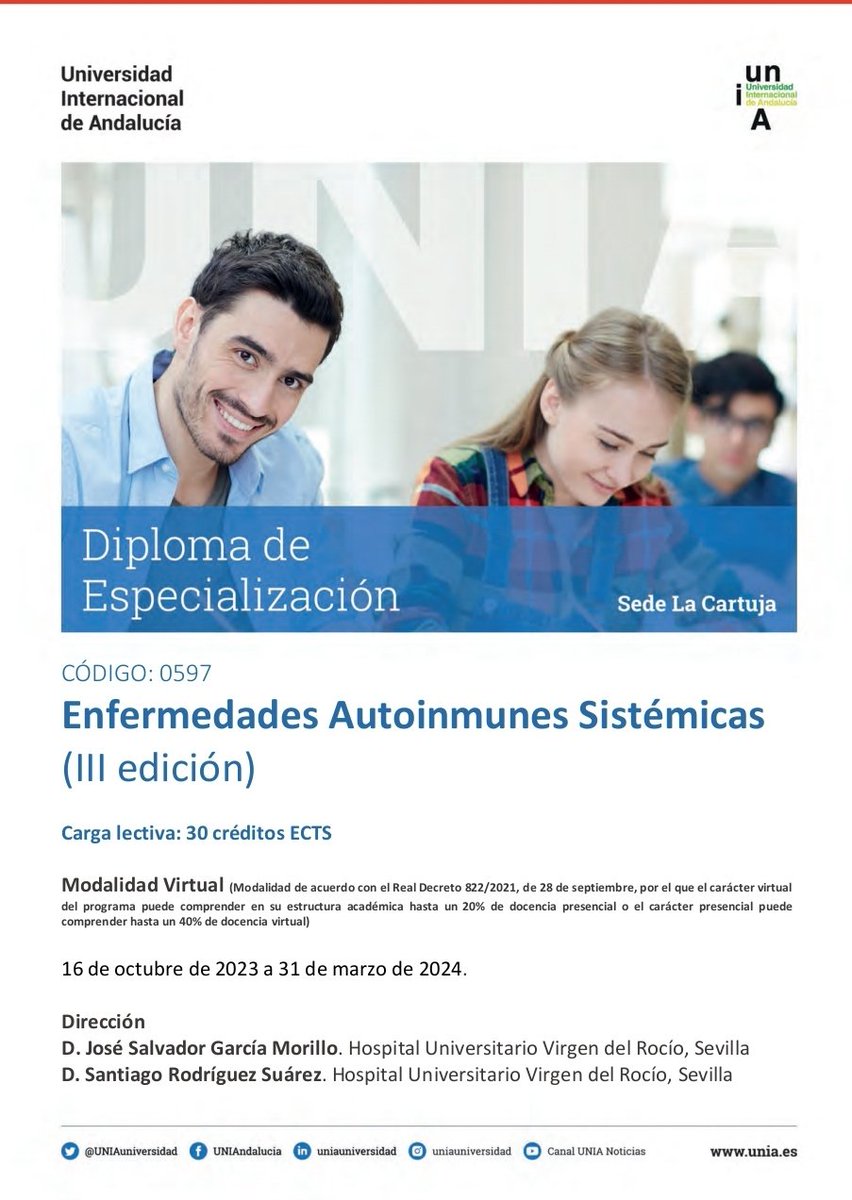 ⏰ABIERTO EL PLAZO PREINSCRIPCIÓN. Diploma universitario de EnF. #autoinmunes sistémicas @unia. <a href="/UCAMIraras/">Salva García Morillo PhD. MD.</a> <a href="/santisanti_rs/">santi rodriguez</a> <a href="/ResidentesSEMI/">Residentes y Jóvenes Internistas de la SEMI</a> <a href="/Sademi_MI/">SADEMI</a> <a href="/Sociedad_SEMI/">Sociedad Española de Medicina Interna (SEMI)</a> <a href="/MedInternaHUVR/">MedInternaHUVR</a>