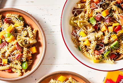A1. Level up your BBQ with a Quick Italian pasta salad! 🍝🥗Loaded with fresh veggies, tangy dressing, and <a href="/BordenDairy/">Borden Dairy</a> cheese, it's a light and cheesy delight. The perfect side dish to complement those grilled flavors! bit.ly/3OJJjc2 #JuneDairyMonth