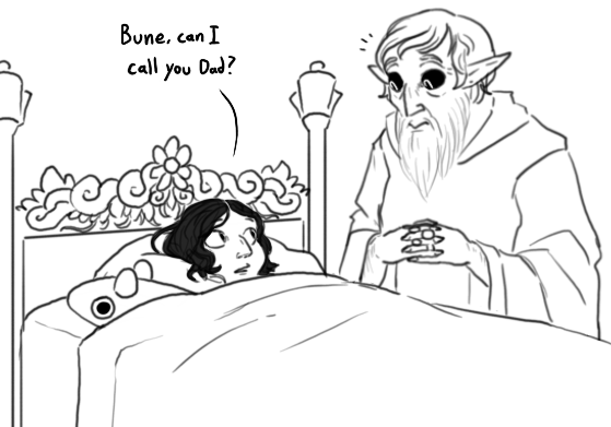 Haven't been drawing as much lately. Here's some sketches I did with @Mewkami_. Sofie does see Bune as a second father.