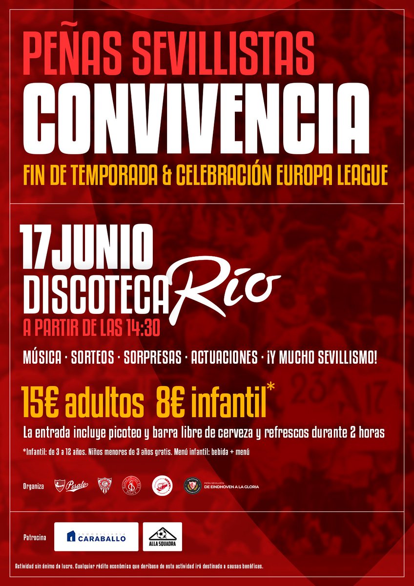 Gran fiesta fin de temporada y celebración de la VII Uefa Europa League.  Animamos a todas las peñas a disfrutar de esta convivencia sevillista con vuestras banderas y bufandas. Vistamos de blanco y rojo la tarde del 17 de junio. Más información en convivenciasevillista@gmail.com