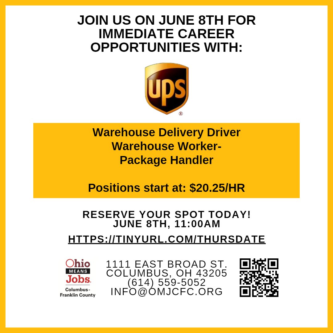 Join us Thursday (6/8) for our #ThursDate with an Employer Featuring UPS! Recruiters will be onsite accepting applications for positions like Warehouse Worker and Warehouse Delivery Driver. All positions starting at or above $22.25/HR. Visit rebrand.ly/areu8t8 to register!