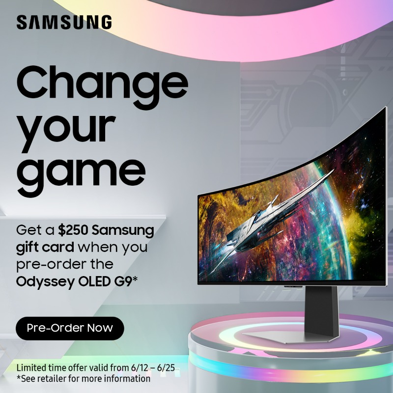 SamsungUS's tweet photo. Get a $250 Samsung gift card when you pre-order the Odyssey OLED G9.