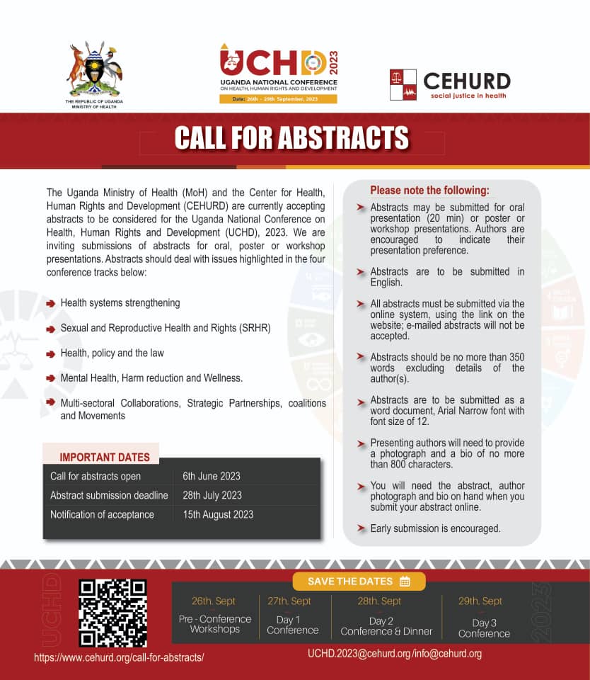 CEHURD Uganda (@cehurduganda) on Twitter photo Call for abstracts now open! 📣
<a href="/MinofHealthUG/">Ministry of Health- Uganda</a> and <a href="/CEHURDUganda/">CEHURD Uganda</a> are currently accepting abstracts for the Uganda National Conference on Health, Human Rights and Development 2023. #UCHD2023 #HealthConference23
Submit here: cehurd.org/call-for-abstr… Call for abstracts now open! 📣
<a href="/MinofHealthUG/">Ministry of Health- Uganda</a> and <a href="/CEHURDUganda/">CEHURD Uganda</a> are currently accepting abstracts for the Uganda National Conference on Health, Human Rights and Development 2023. #UCHD2023 #HealthConference23
Submit here: cehurd.org/call-for-abstr…