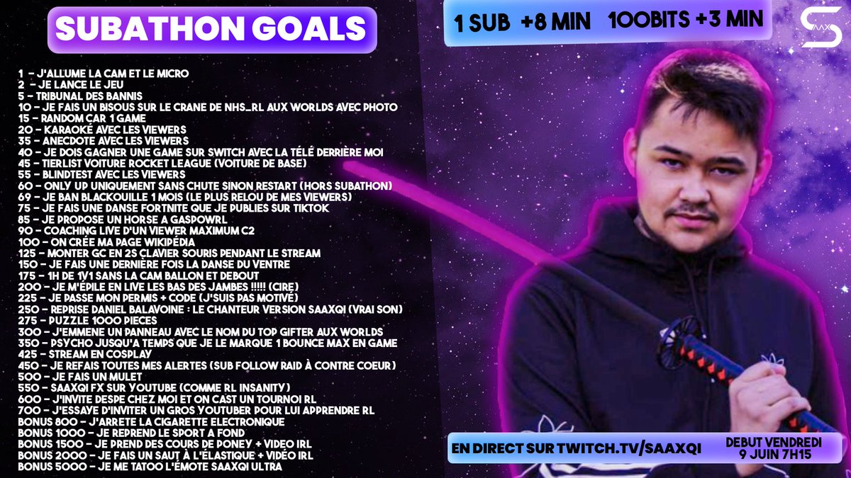 Saaxqi's tweet image. Mon premier subathon ! 
Début Vendredi 9 Juin 7h15 sur ma chaine 
twitch.tv/saaxqi   

RT appréciés ♥