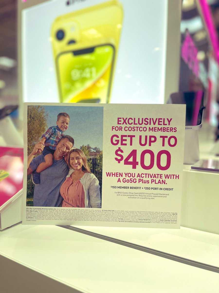__Dalyyy's tweet photo. 📣 #Costco members it’s your time ⏰ to take advantage of the amazing deals @TMobile has for you!!! You can get up to $400 💰 when you activate a #Go5G plus plan one of the many benefits of this plan!!! Ask me about the details!! #TeamMagenta #Go5GPlus https://t.co/5pv9Pcg5gQ
