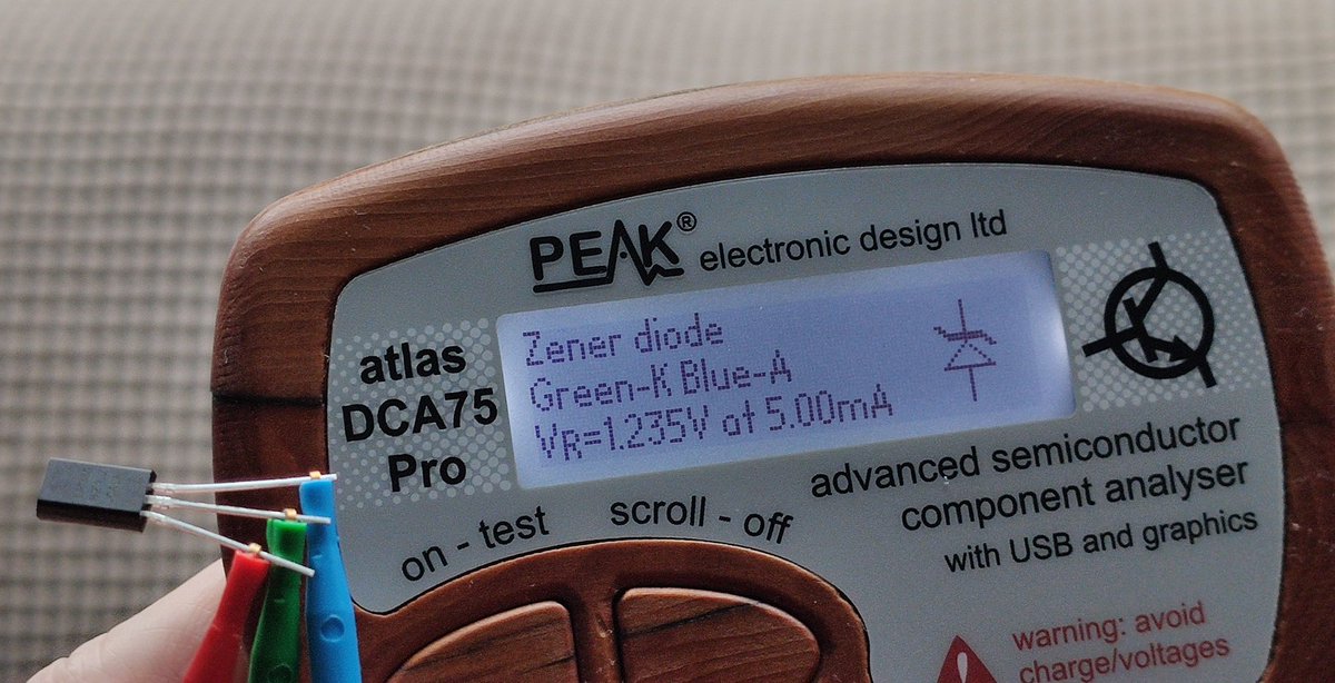 The popular LM4040 voltage reference is available in many values and many packages. The Peak DCA Pro model DCA75 tests them perfectly. In this case, a 1.235V reference in an unusual elongated TO92 package.