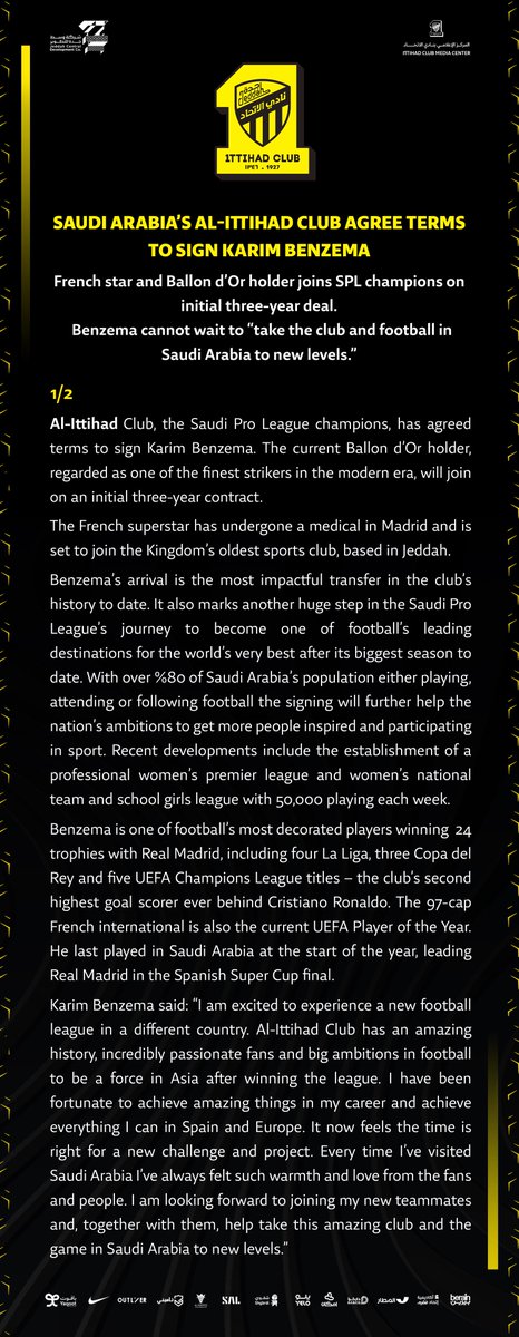 ittihad_en's tweet photo. ￼🚨 Introducing our newest superstar, Karim @Benzema! Ready to light up our stadium soon ⚽️💥 
#Benzema2Ittihad
#here2inspireKSA https://t.co/XSQcyRghpO