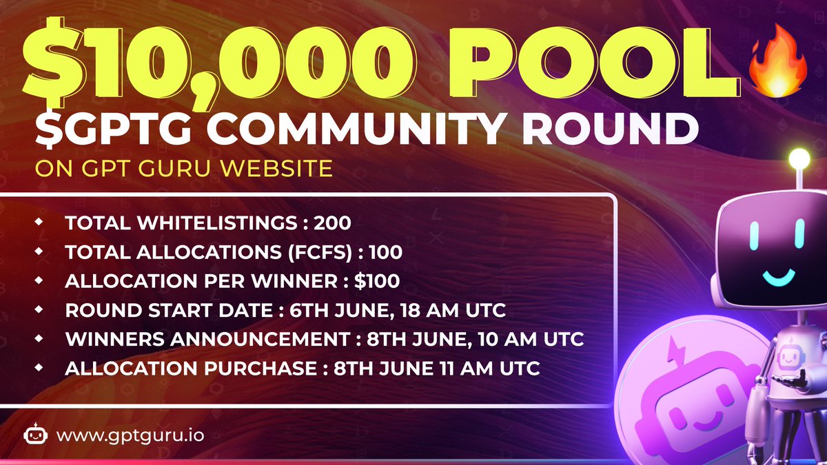 UNEXPECTED SURPRISE | $10,000 COMMUNITY $GPTG IDO ROUND (FCFS) ANNOUNCED 🤩🔥

Following the quick sold-out of $GPTG on IDO Launchpads in seconds, many Guru community members have been unlucky in getting IDO allocation. Due to immense amount of requests from the community, we’ve
