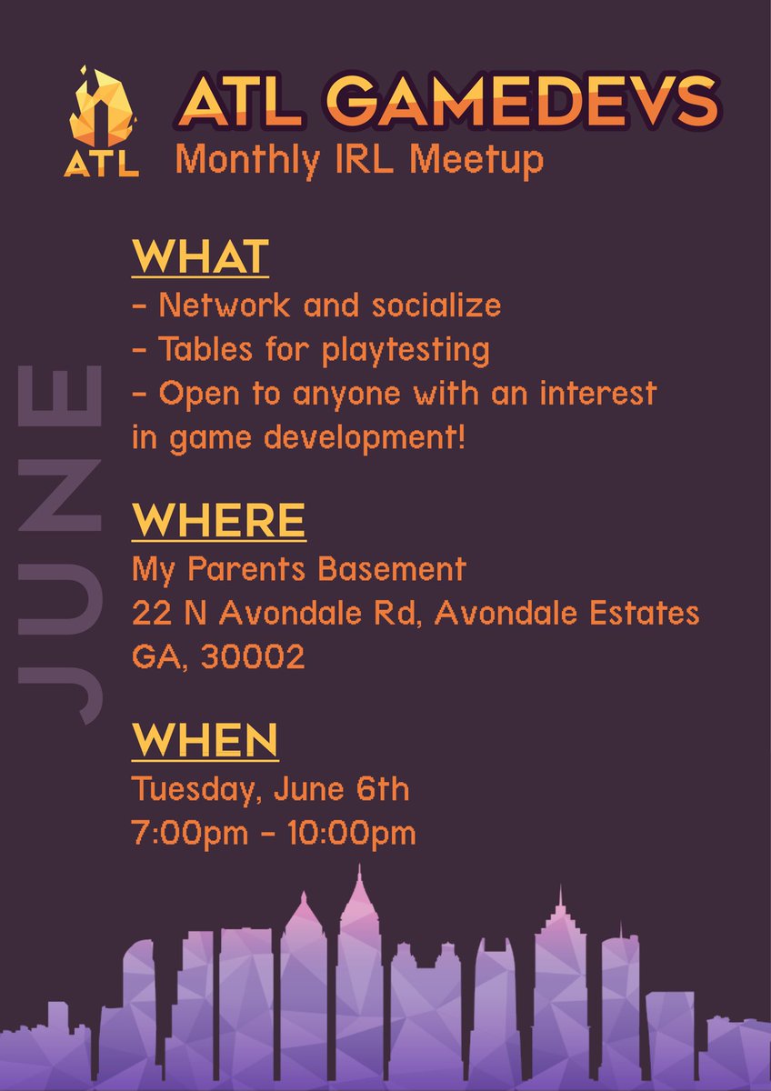 atlgamedevs's tweet image. Are you an #Atlanta based #gamedev or #indiedev? Are you interested about learning more about game development? Come to our meetup tonight! Open to people of all skill levels!