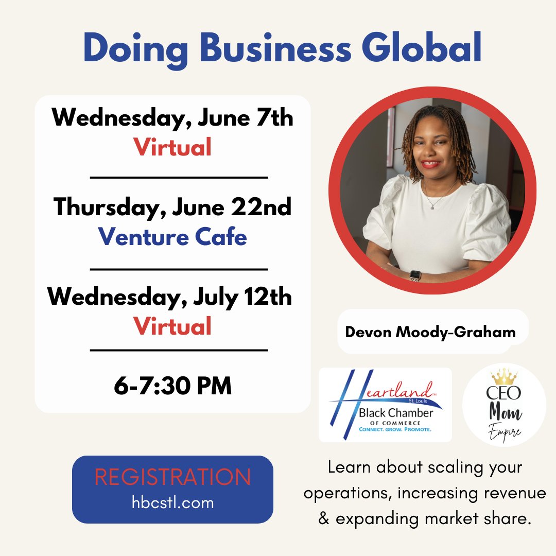 Join us & @DevonMoodyGrahm of CEOMom Empire LLC for a virtual workshop on how to do business internationally!

RSVP for Wednesday, June 7th at link in bio
#internationalbusiness #internationaltrade #blackchamberofcommerce