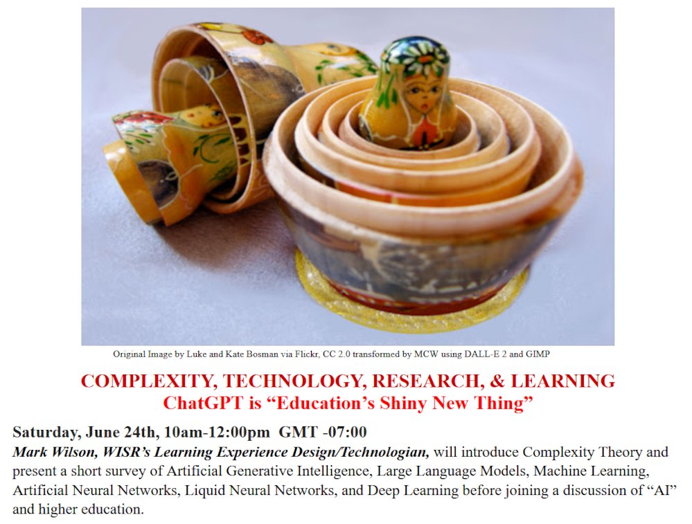 MCorbettWilson's tweet image. I'll be leading a discussion on AI &amp;amp; HE at the Western Institute for Social Research June 24th. Everyone is welcome! #ReclaimOpen #DHSI #MyFest23
Register in advance by Zoom
us02web.zoom.us/meeting/regist…