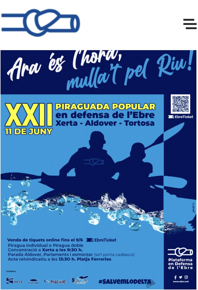 💙 *DEFENSEM LO RIU, ARA ÉS L'HORA* 💙
🚣 *Diumenge 11 de juny: Piraguada en defensa de l'Ebre, rema pel riu i el territori!* 🚣
[últims dies per apuntar-t'hi, no et quedis sense la teua piragua]. Lo riu cada any baixa més sec i el delta retrocedeix!