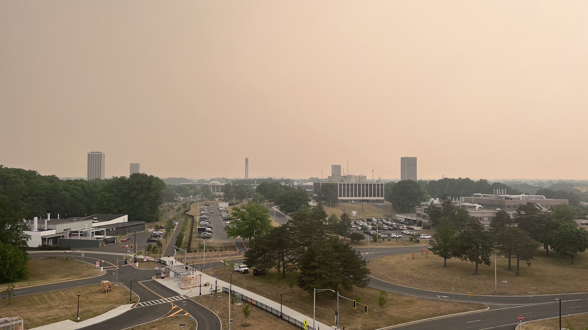 ualbany's tweet image. Quite the scene from the weather observation deck at #UAlbany with smoke from the Canadian wildfires casting a haze over much of the Capital Region.