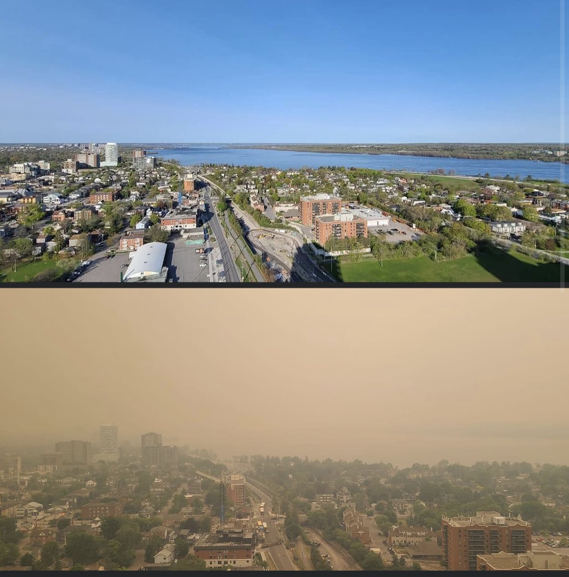 🔥 #Ottawa on May 20th 
vs today, June 6th 

I’ve never experienced anything like this… 

#onstorm #smoke #wildfire #ClimateCrisis #EnvironmentDay 

📸 Mathieu Villeneuve on FB