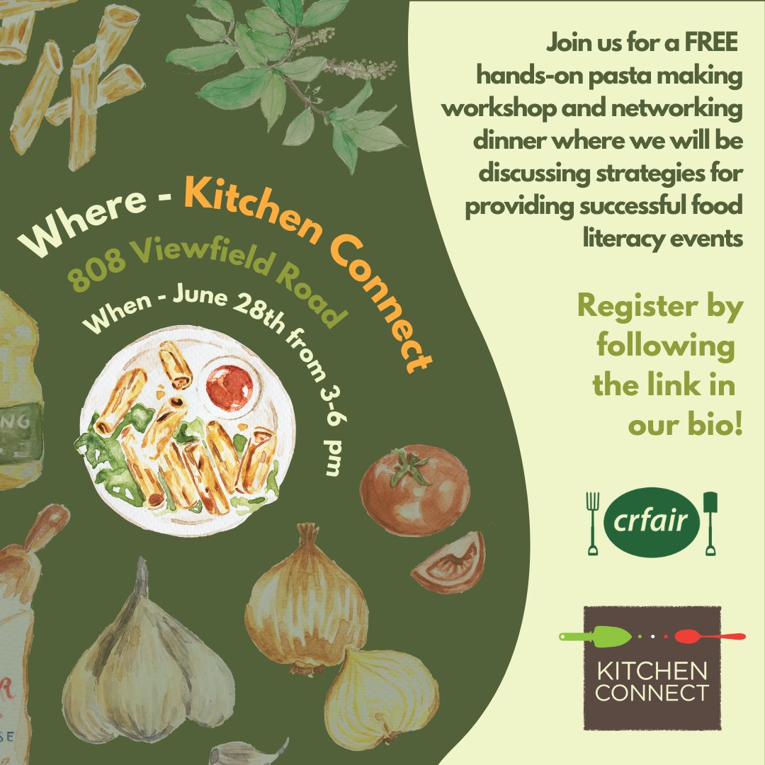 Save the Date for CRFAIR's 2023 Food Literacy Roundtable! We will be meeting at the South Island Farmhub's Kitchen Connect facility at 808 Viewfield Road on June 28th from 3-6 pm. Please follow the link to register! forms.gle/Ez9rrcSiYFjZta…