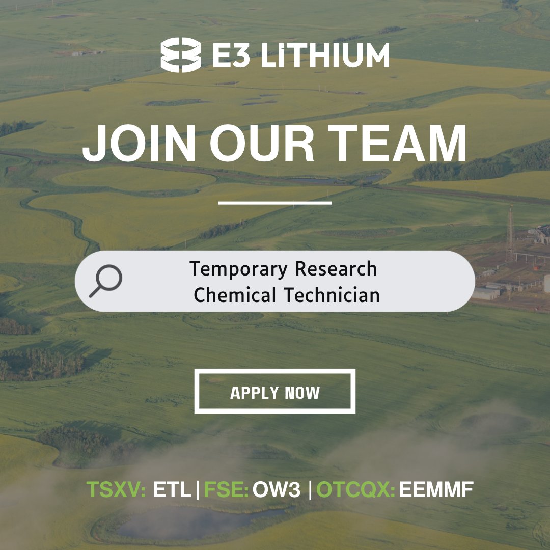 e3lithium's tweet photo. #E3Team - E3 is looking to hire a Temporary Research Chemical Technician!

Join our team to be part of developing a new and innovative industry in Alberta.

Apply now ➡️ https://t.co/z8HDj1HVwp https://t.co/IaEWcCyOoK