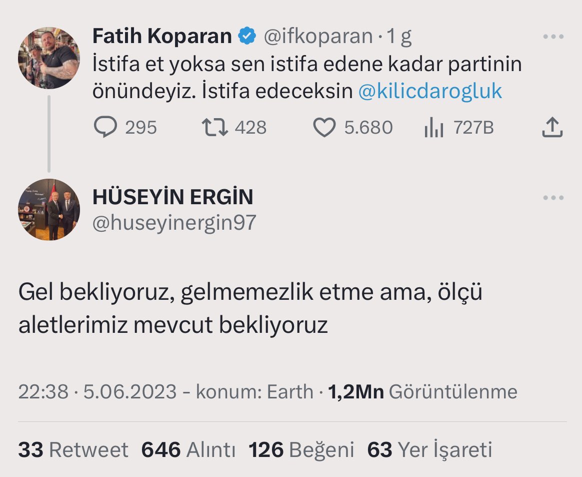 CHP Esenyurt İlçe Başkanı Hüseyin Ergin, Kılıçdaroğlu istifa edene kadar partinin önünde olacaklarını açıklayan Youtuber Fatih Koparan’ı, “Gel bekliyoruz, gelmemezlik etmeyin ama, ölçü aletlerimiz mevcut” diyerek tehdit etti