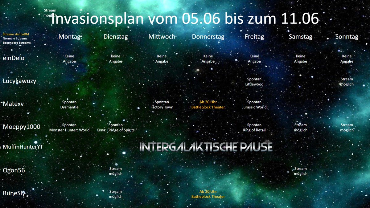 Lo_DarkMatter's tweet photo. Durch eine Funkstörung ist der Streamplan um einen Tag verspätet hochgeladen worden. Jedoch geht die große Streampartie ab Donnerstag an, wenn @Matex67507584 und @RuneSly sich konstant ans Grande Finale des Battleblock Theaters annähern, gefolgt von einem Streamfestfreitag! 🎉 https://t.co/lFGj4W4Hcg