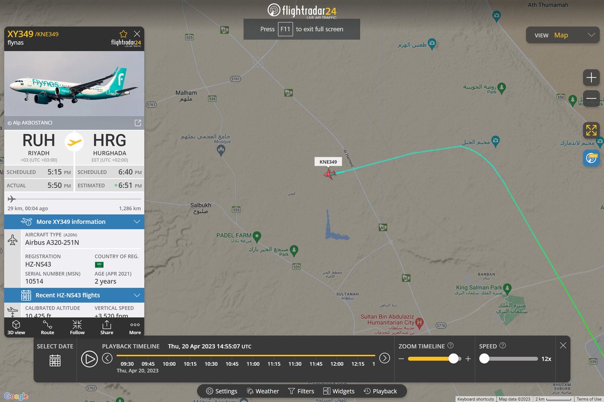 a7med_s3ed's tweet image. في اواخر سنة 2022 الطيارة مو موجودة، وآخر صورة في Google Map كانت في يوم 20 أبريل 2023 وظهرت الطيارة، فيبدو أانها في الجو وقت التقاط الصورة ✈️

رجعت لبيانات الرحلات في هذاك اليوم وأقرب طيارة مرت في هذا الموقع هي رحلة طيران ناس المتجهة من الرياض للغردقة XY349