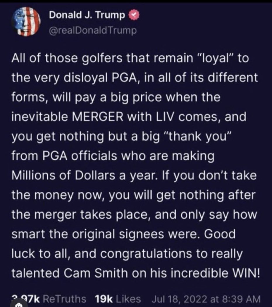 MADISONauq's tweet photo. Donald Trump nailed it in 2022. Donald Trump for Commissioner of the new unified golf tour!! #PGATour #LIV #DPWorldTour https://t.co/0BQfJeSoUU