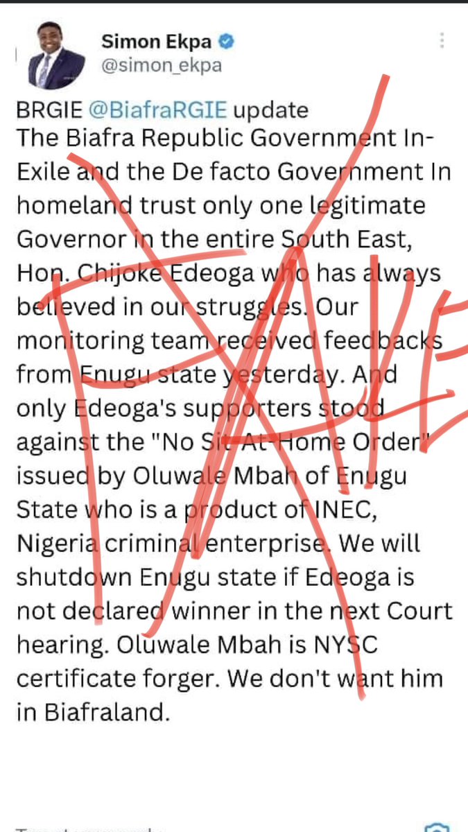 simon_ekpa's tweet photo. BRGIE @BiafraRGIE update 
When a criminal is struggling to take power against the people. 
The worst you can do is photoshoping and forgery. It is now clear that Oluwale Mbah is not ready to repent from forgery, look at what he paid people to do. Laughable, he said Simon Ekpa is not on ground yet he is funding propaganda.