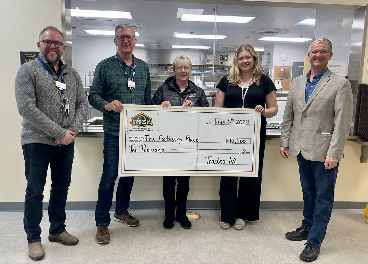 Trades NL is happy to contribute $10,000 to The Gathering Place on behalf of our trades workers. This donation will allow The Gathering Place to renovate their kitchen area and establish a new coffee station to improve capacity and safety. #communitygiving