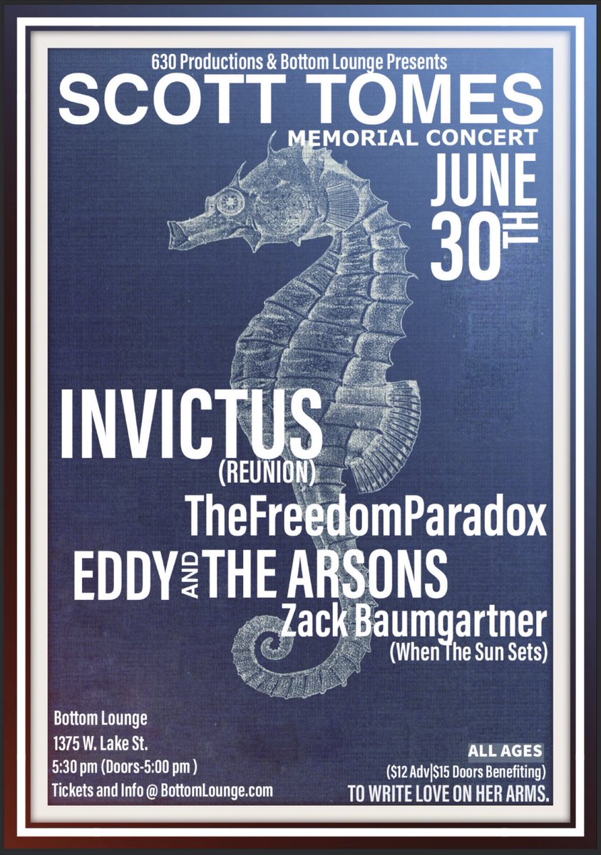 🕊️JUST ANNOUNCED🕊️
A memorial concert for Scott Tomes on Friday, June 30th. Supported by <a href="/Invictus312/">Invictus Chicago</a>, The Freedom Paradox, <a href="/EddyandtheArson/">Eddy and the Arsons</a>, &amp; Zack Baumgartner. Tickets are available now! 🎟️: bit.ly/STM_630