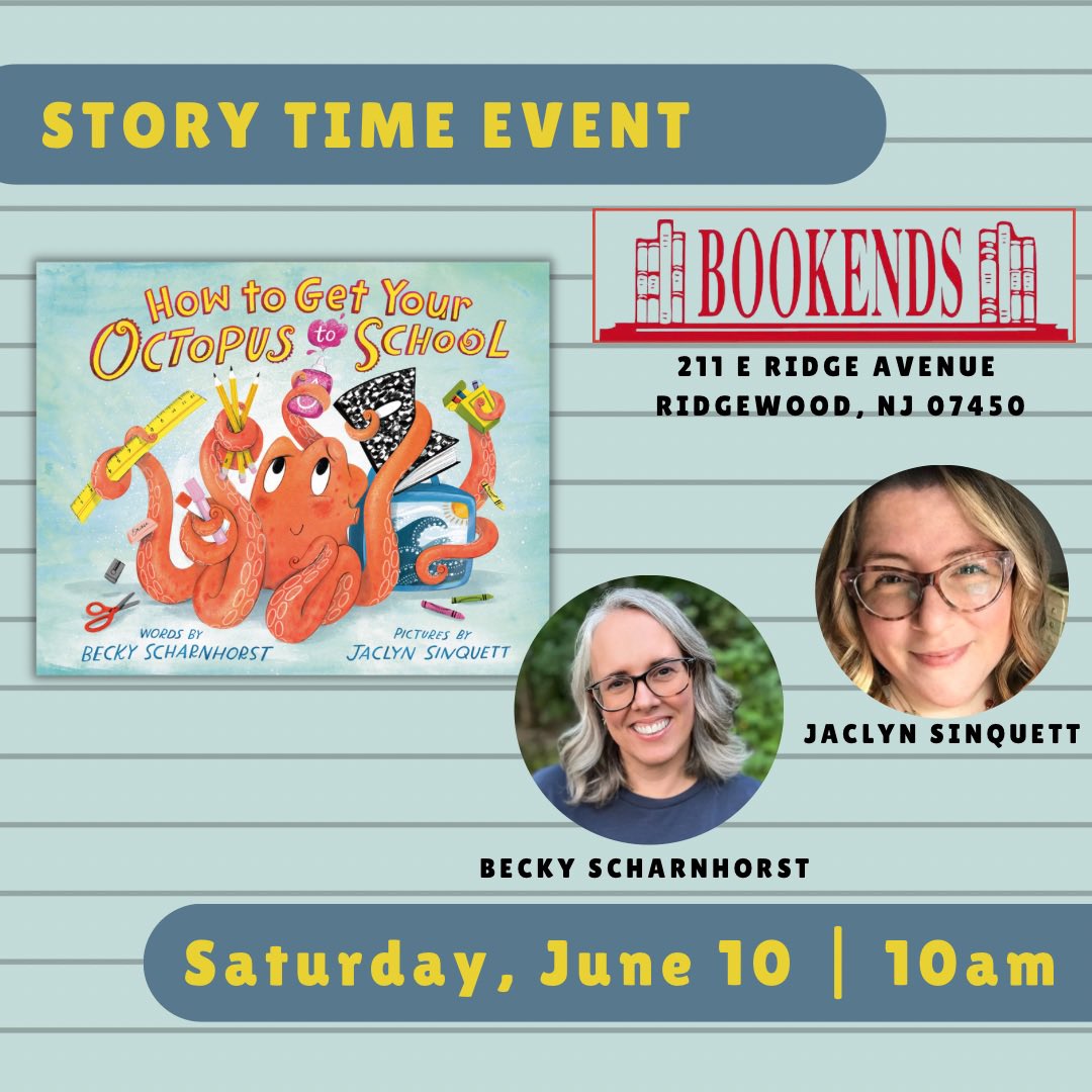 beckyscharn's tweet photo. I’m thrilled to be doing a story time event with #JaclynSinquett next Saturday at @BookendsNJ! If you’d like to know how to get your shy octopus to school, please join us! 🐙📚 @penguinkids https://t.co/0WYbDfV3u2