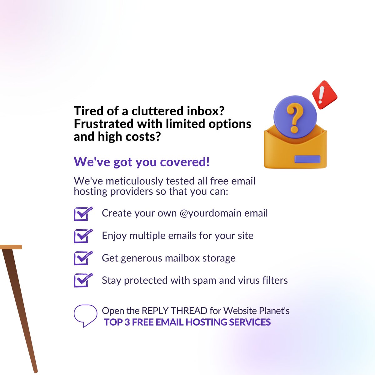 website_planet's tweet image. Discover the perfect free #EmailHosting provider that meets your needs. 💬 Open the Reply Thread to uncover our top 3 picks.

Don&apos;t own a domain name yet? 👇 Here&apos;s how you can get one for free! websiteplanet.com/blog/get-free-…

#WebDevTools #EntrepreneurTips #DigitalMarketingTips