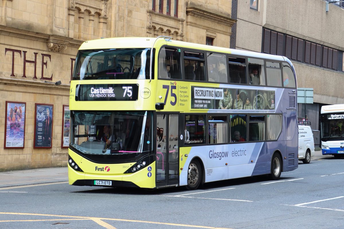 First Glasgow BYD/Enviro400 EV 38412 LC71 ETD in Renfrew street on a 75 to Castlemilk