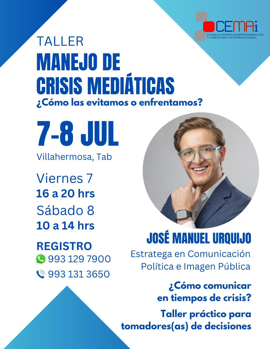 JoseUrquijoR's tweet photo. ¡En un mes estaré en #Tabasco por invitación de la #CEMAI, para ofrecer un taller de manejo de crisis mediáticas a empresas y tomadores de decisión!
Nos vemos en el edén del Sureste 😁 https://t.co/k5o2Ac0yjx