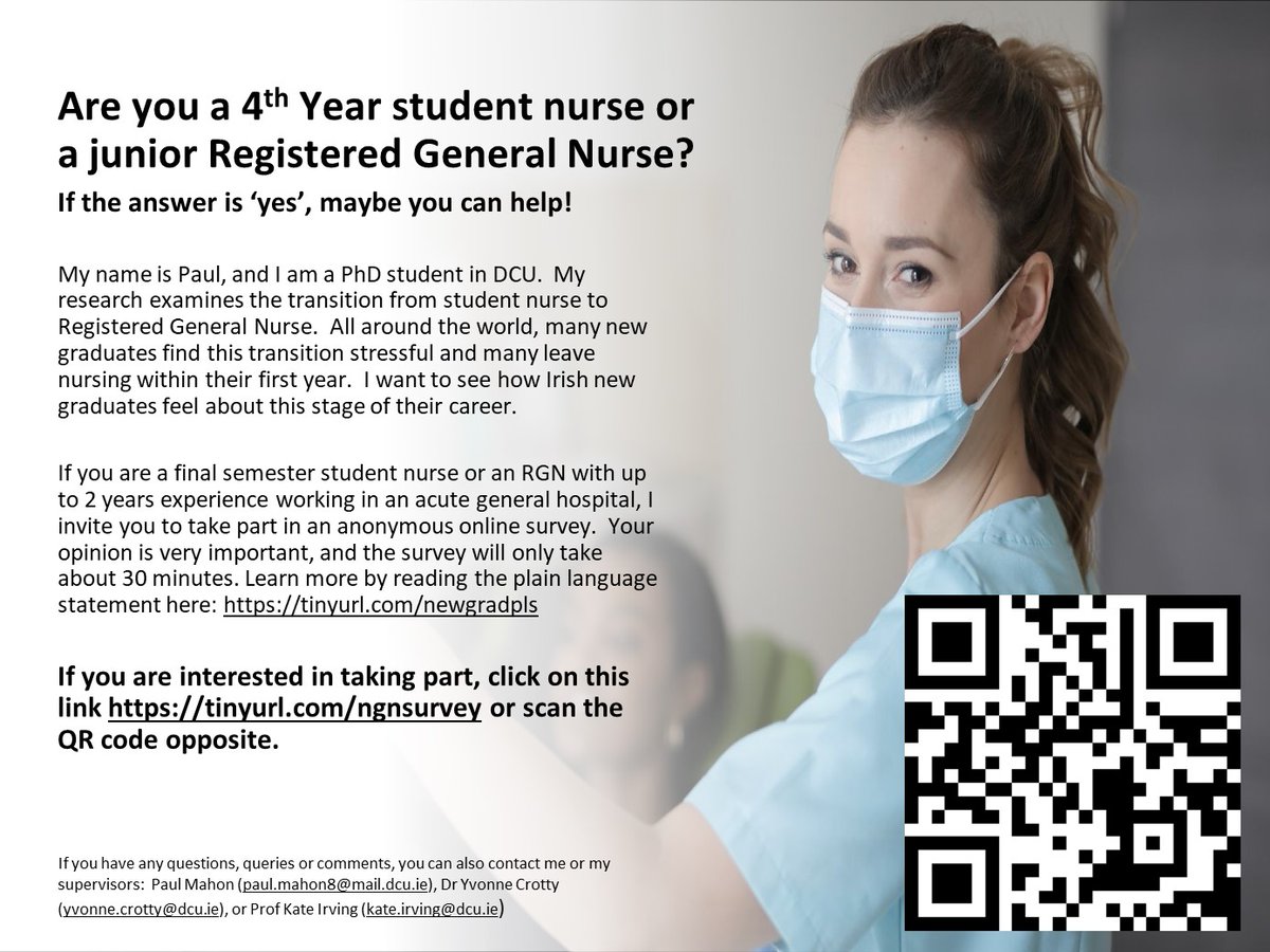 To all 4th yr general nursing students and nurses with &lt; 2 yrs experience –  please consider taking part in my PhD study into new graduate nurse transition to practice. See tinyurl.com/ngnsurvey  for more info.  Your opinion is important &amp; valued.  Like &amp; RT appreciated