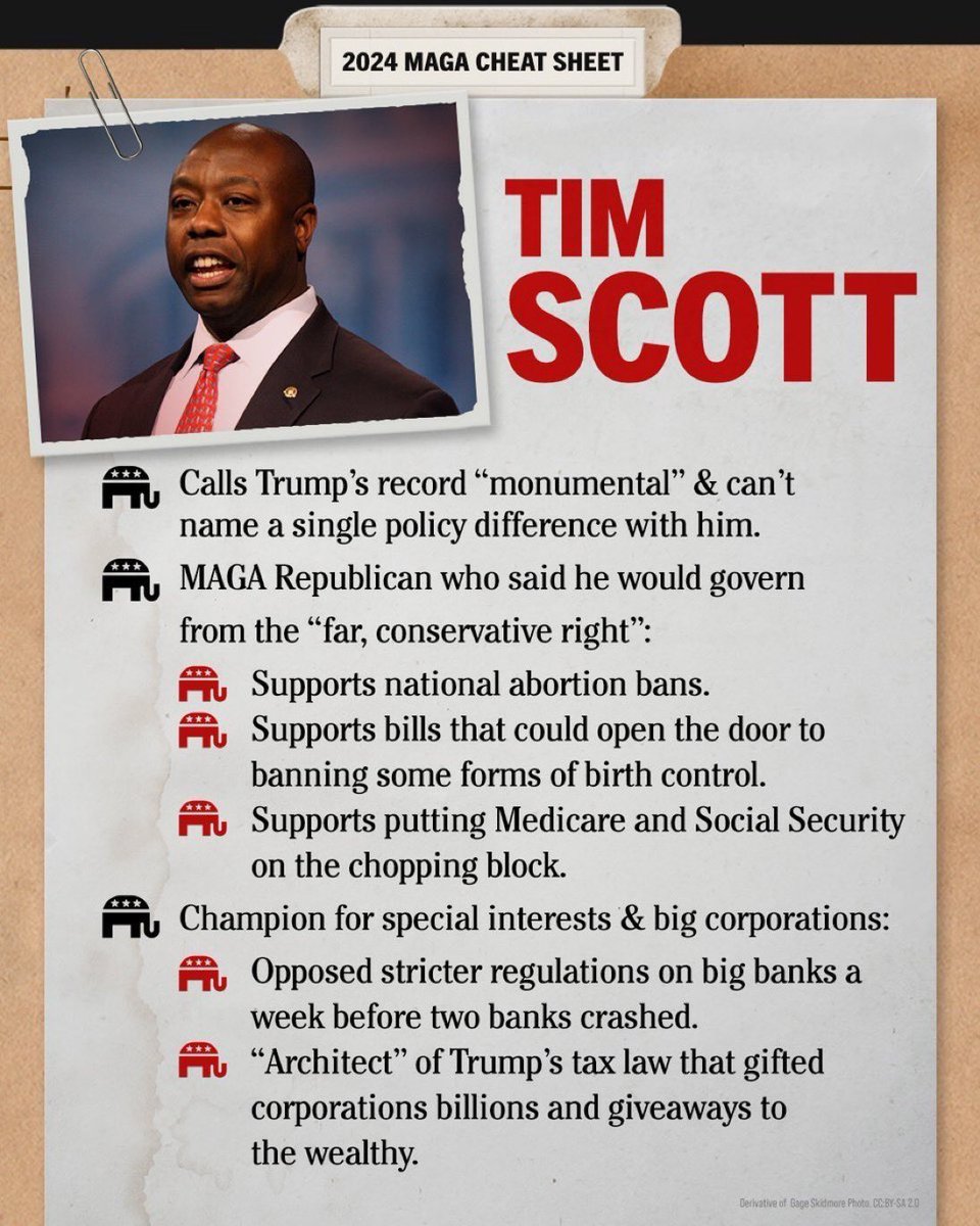 Tim Scott is a far-right MAGA extremist who works for big corporations & special interests

Supports
🔺National Abortion ban
🔺Bills banning birth control
🔺Cutting Social Security & Medicare

Opposes
🔺Stricter regs on big banks
🔺Raising taxes on wealthy billionaires
#DemVoice1