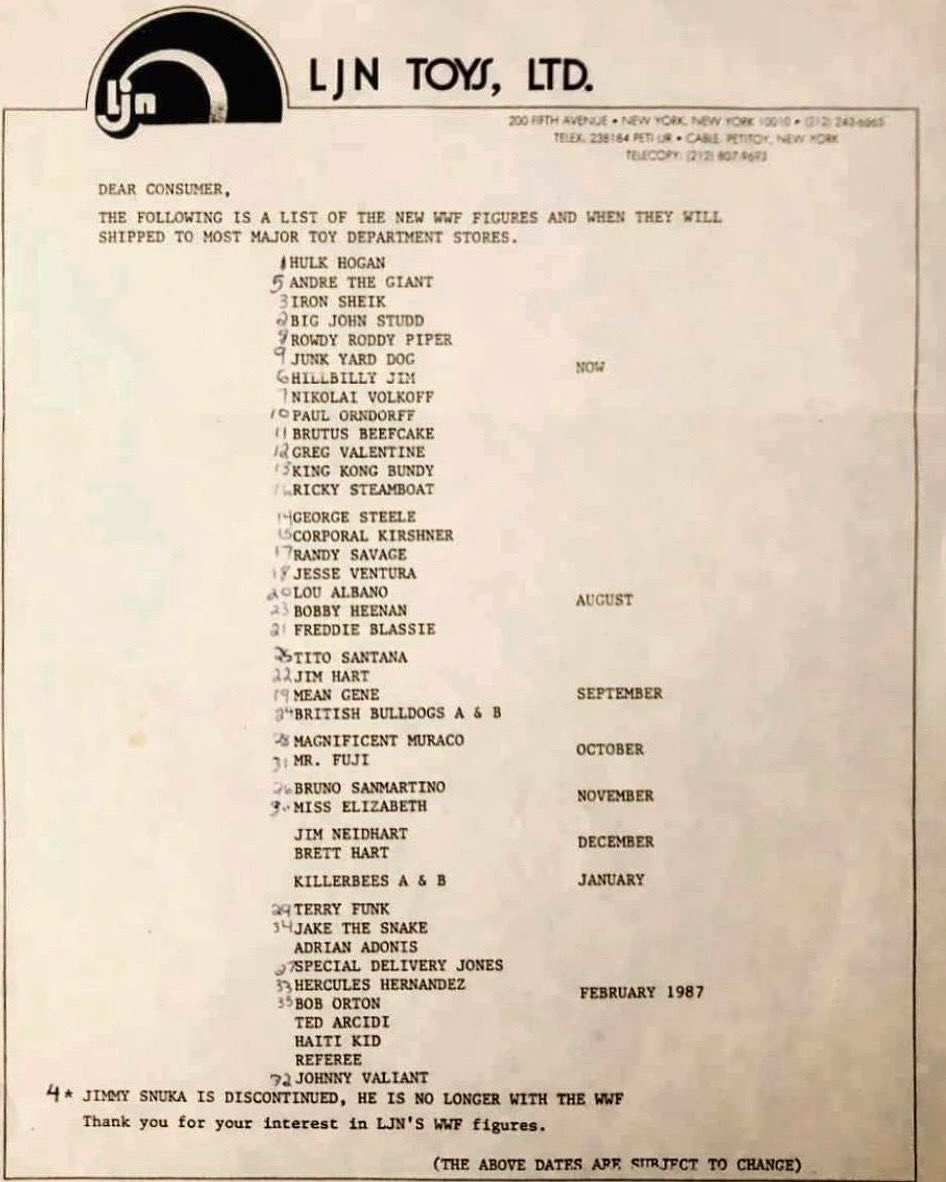 Check out this LJN release sheet from 1986 and how the Haiti Kid was originally planned for a February 1986 release! 

Join WhatNot @ WHATHEEL.com & get a $15 credit to use!

#figheel #wrestlingfigures #wwe #wweelitesquad #aew #aewunrivaled #actionfigures #toycollector