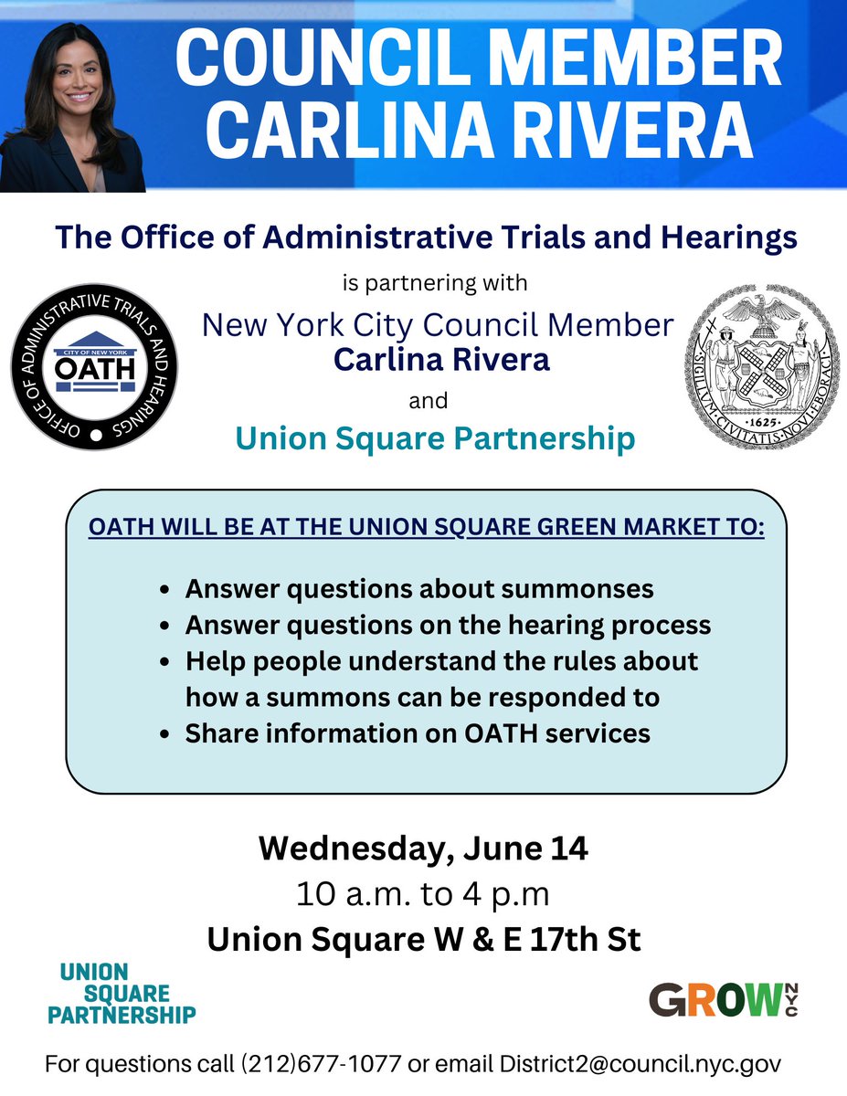 Join us and the Office of Administrative Trials and Hearings <a href="/oathnyc/">NYC OATH</a> June 14 in Union Square Park from 10 a.m. to 4 p.m. to get information on what to do if you get a summons from a City agency.