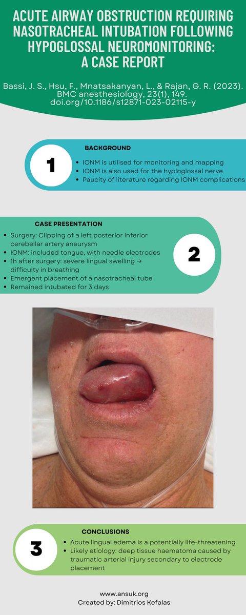 Do you ever insert needles into the tongue for hypoglossal nerve IONM?
Is it safe?
Here is an interesting case report (free access).
ncbi.nlm.nih.gov/pmc/articles/P… 

#IONM #IOM #Neuromonitoring #Safety #Complications