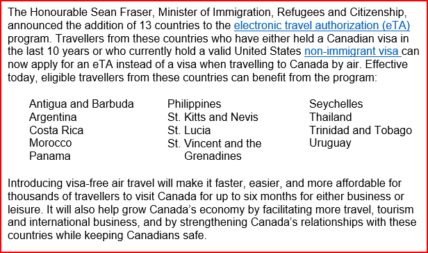 MSKImmigration's tweet photo. NEW: Citizens of the 13 countries no longer need a visa to travel to #Canada if they've held a Canadian visa in the last 10 years or if they currently hold a valid United States non-immigrant visa. They can now apply online for an ETA to travel to #Canada. See list attached. https://t.co/x5ghwL4QU7