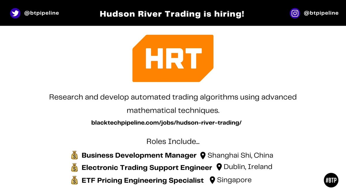 BTPipeline's tweet photo. Black Tech Pipeline X Hudson River Trading 📈

@wehrtyou is now hiring! Check out their open roles. 

Click here to learn more and apply 🔗: https://t.co/ealDejbW6x

#BlackTechTwitter https://t.co/t6d5jXlJEw