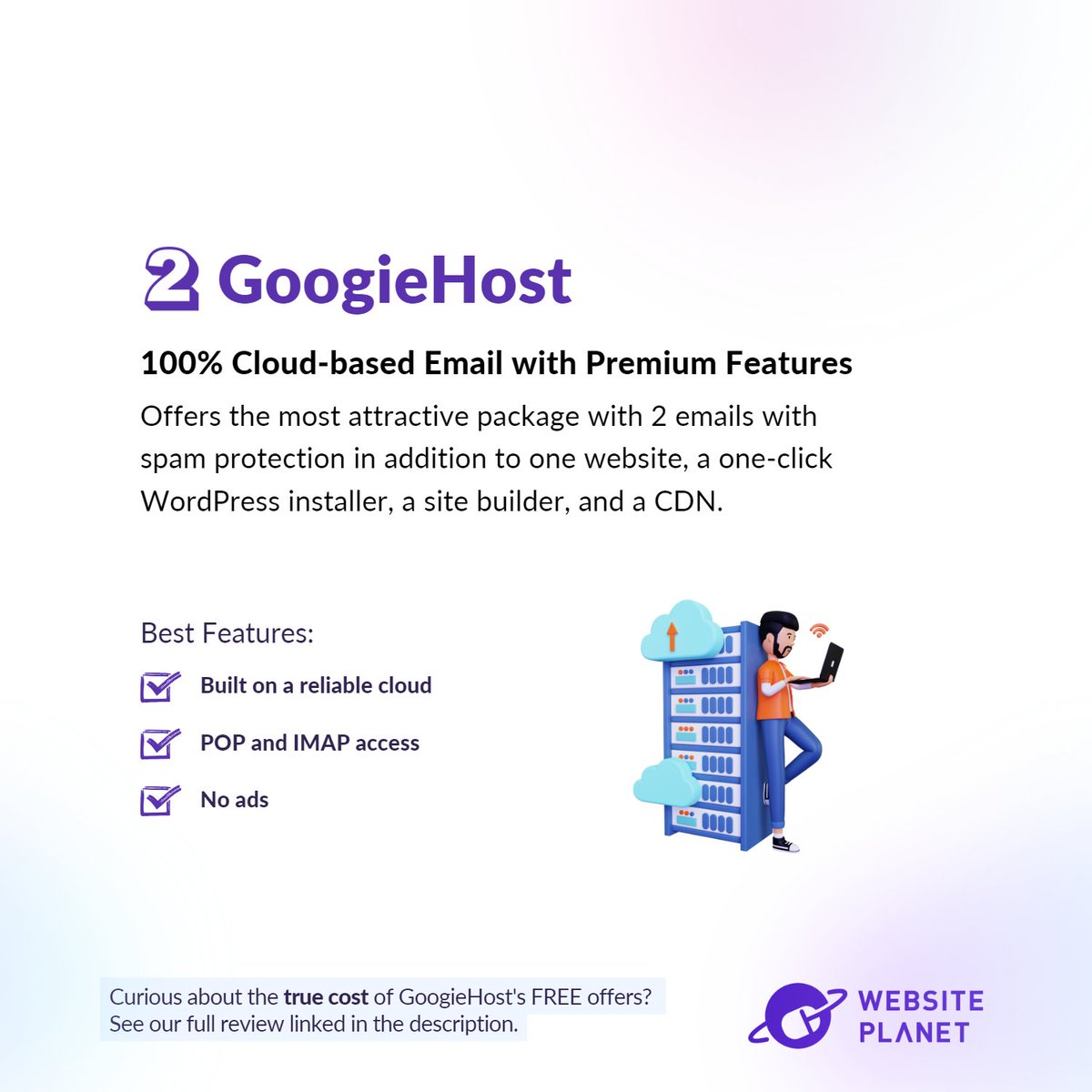 website_planet's tweet image. #GoogieHost may have all of these FREE features, but what&apos;s the real cost? See our review on GoogieHost first before deciding on your web hosting provider.
👉 websiteplanet.com/web-hosting/go…

#WebsitePlanet #EmailHosting