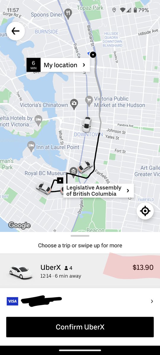 keithvass's tweet photo. Just a quick experiment as Uber launches in Victoria, their app showed 4 cars on the road and quoted about $14 for a ride from the @CHEK_News station to the legislature vs ~$11 on the Bluebird Taxi app. For a ride to @Fly_YYJ  Uber quoted $51 vs $73 for Bluebird. https://t.co/cuGXkVQQBY
