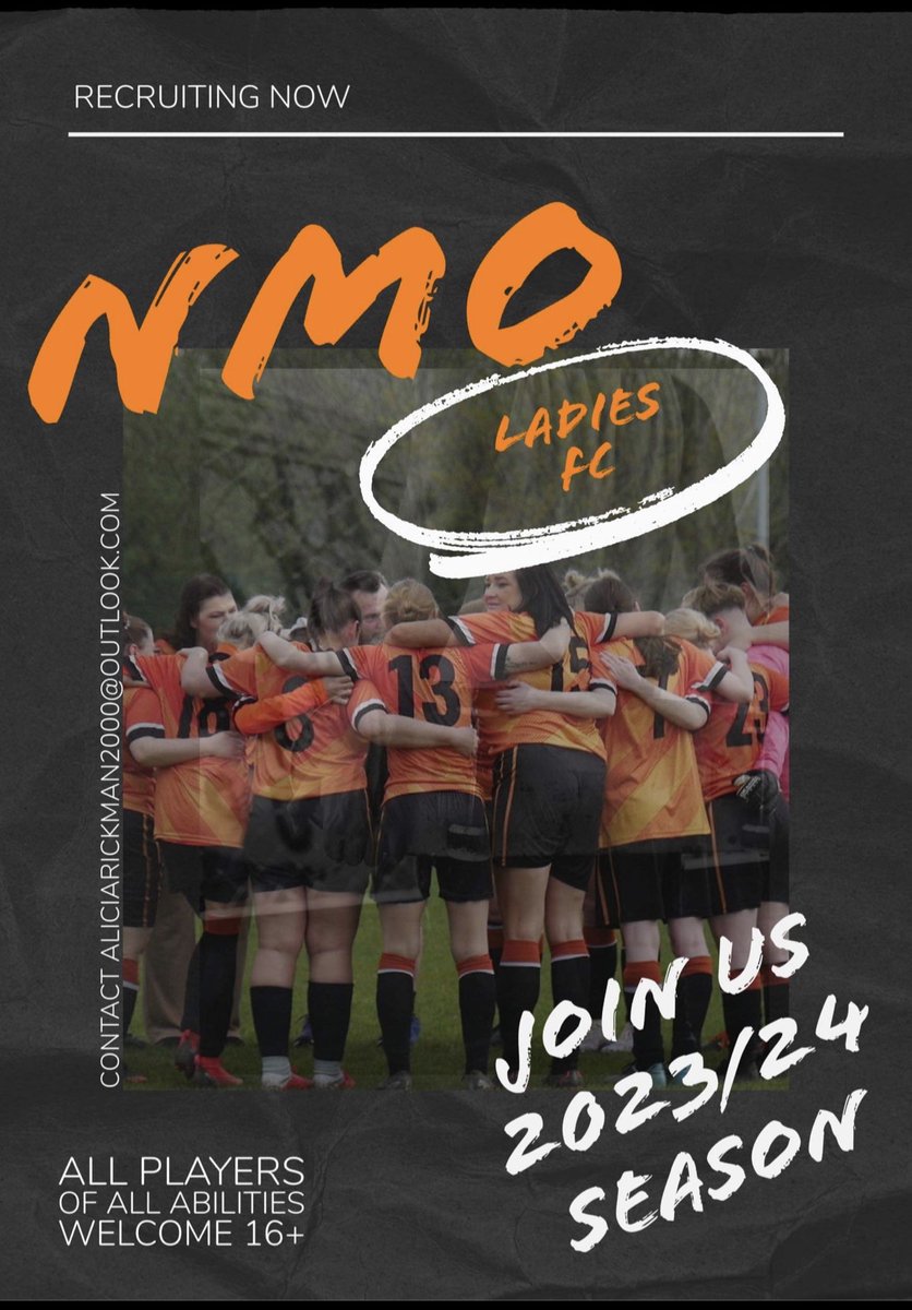 NMO ladies are looking for some more ladies to come and join our family team please drop we a message, we take all abilities. We train on Tuesdays and play Sundays, we have an exciting season ahead ⚫️🟠⚽️