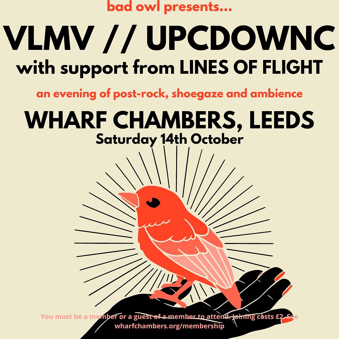 LEEDS!

Save the date… or get tickets NOW:

wegottickets.com/event/584678/

After 2 lifetimes of knowing @Upcdownc we are finally sharing a stage. I hope they’ve brought correct footwear.

@BadOwlPresents 
@WharfChambersCC 

#vlmv #leeds #livemusic #gigposter #ambient #postrock