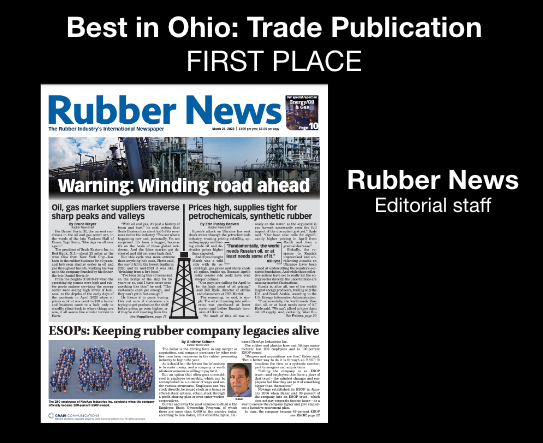 PressClubCle's tweet photo. Congratulations to the staff of @RubberNews - recognized at the Press Club's Excellence in Journalism awards as Ohio's best trade publication. Also to @TireBusiness for 2nd place, and the Plastics Machinery & Manufacturing @PlasticsMM for 3rd. #pressclubcle https://t.co/1CqKc0vtVW