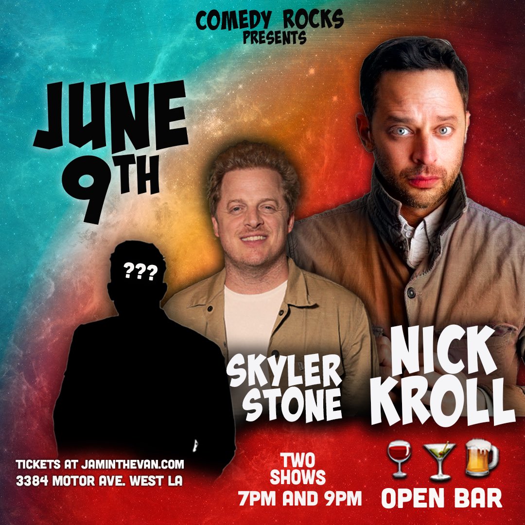 Jaminthevan's tweet photo. OPEN BAR shows with @nickkroll THIS FRIDAY June 9th at 7 & 9pm! Havenโt had him in a few years, so this will SELL OUT fast! @theskylerstone on the bill as well!
Open bar. Nick Kroll. Outdoor shows. Tickets: https://t.co/9RzU4LzX6f #ComedyRocks #NickKroll #LAstandup #JamInTheVan https://t.co/aVUJfVaYQk