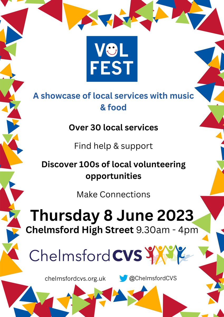 Want to volunteer or be a trustee, not sure where to start? #VolFest @Chelmsford High Street, on Thursday to get info #VolunteersWeek2023 #volunteering #volunteer #bewell #BeHappy #befulfilled  #Essex @BBCEssex @ChelmsForYou @shopthemeadows @Chelmsford_VC  @ChelmsfordCVS