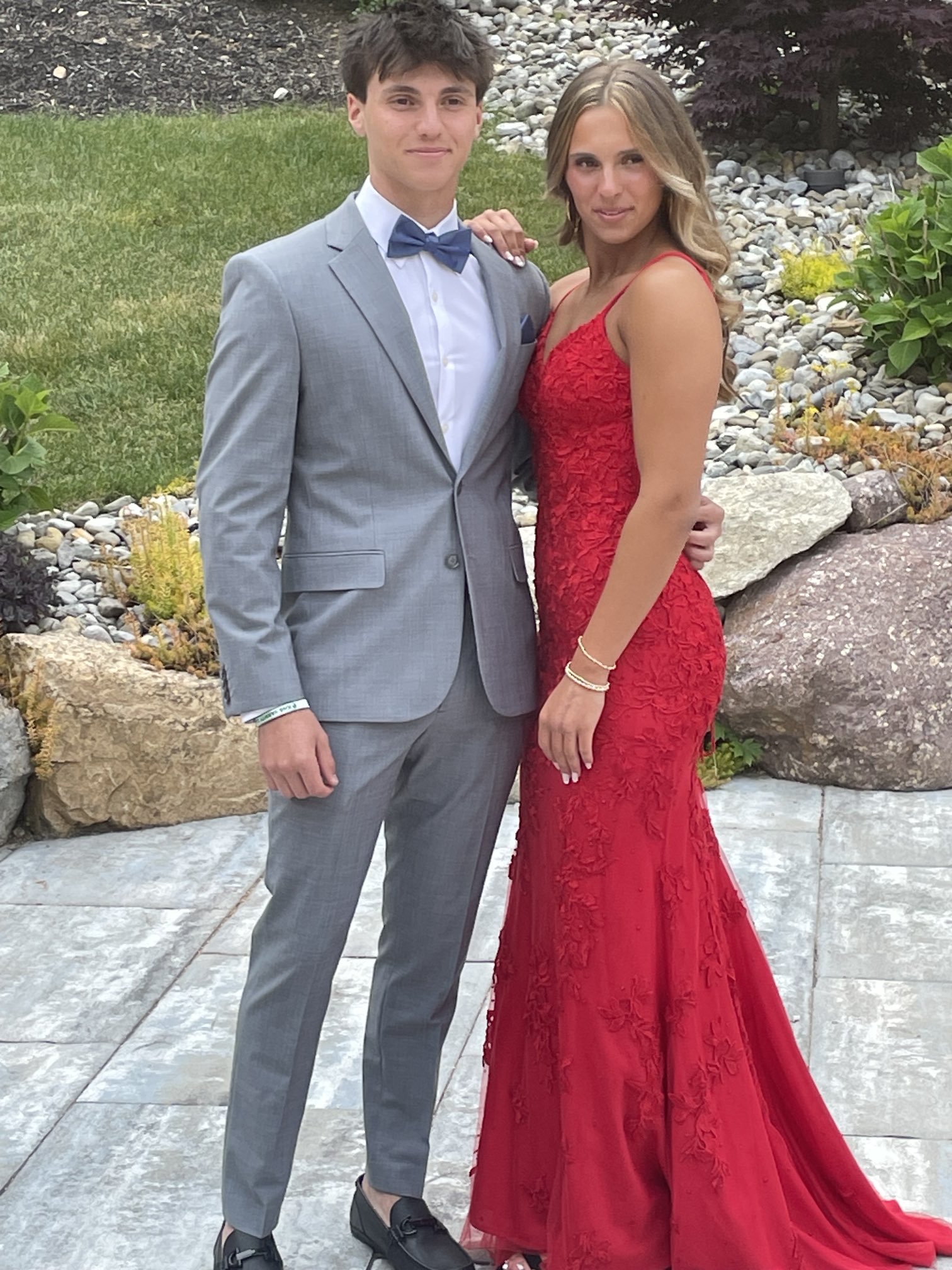 Red prom cheap dress and tux