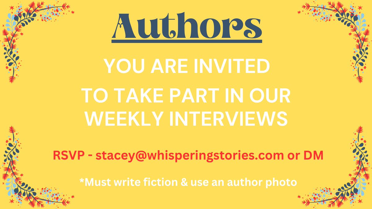 #Authors There is just 1 slot left on our #AuthorInterviews The 28th December.

If you would like to grab the final place then DM/Leave a comment below or email stacey@whisperingstories.com - Be quick!

#BookTwt #Bookish #Books #WritingCommunity #AuthorsOfTwitter #Writers