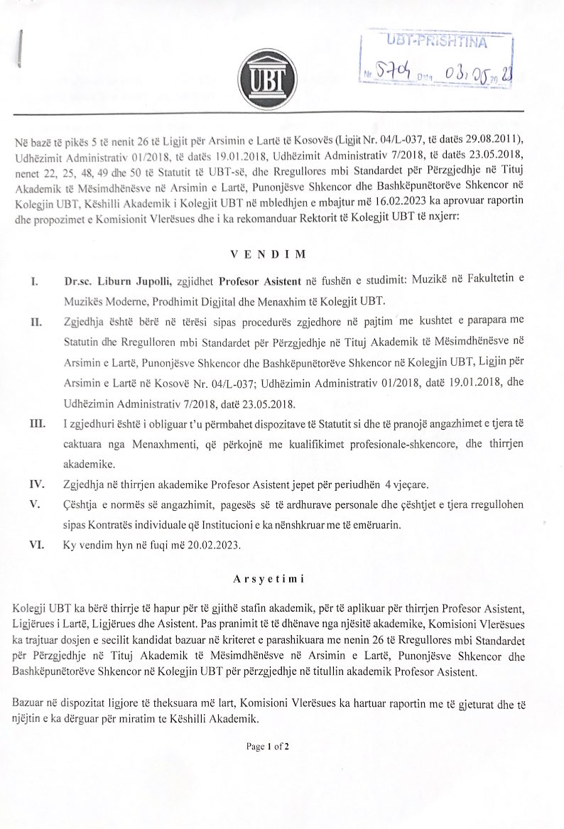 Zyrtarisht nga muaji Mars fitova thirrjen akademike Profesor Assistent Dr. Liburn Jupolli.

Pas një procesi konkurues ku dëshmova 5 vite angazhim si ligjerues, kompozitor/performues, hulumtues brenda fakultetit MDM në <a href="/UBTEducation/">UBT - Higher Education Institution</a> mu besua titulli/grada e parë akademike.