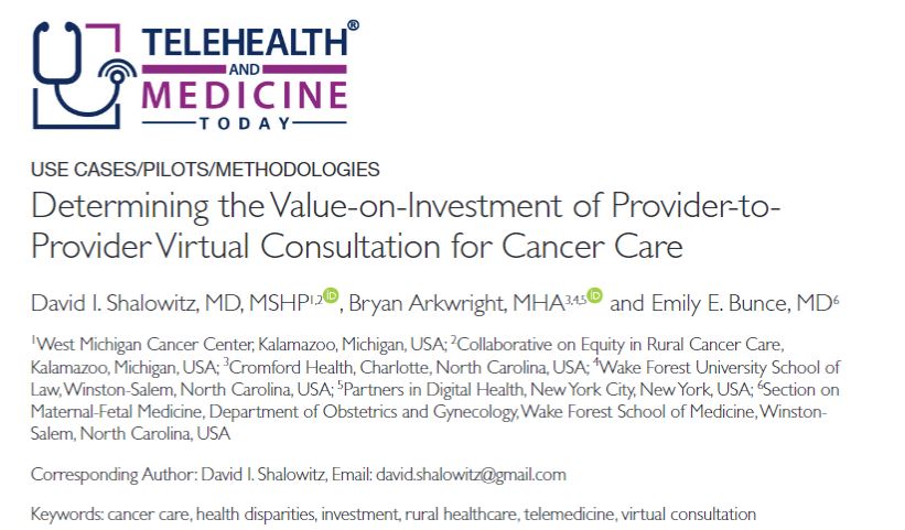 Determining the Value-on-Investment of Provider-to-Provider Virtual Consultation for Cancer Care
telehealthandmedicinetoday.com/index.php/jour…

#cancercare #CancerResearch #oncology #tlehealth #providers #remotcare #RPM #virtualconsults #medicine #openscience  #virtualcare #telemedicine