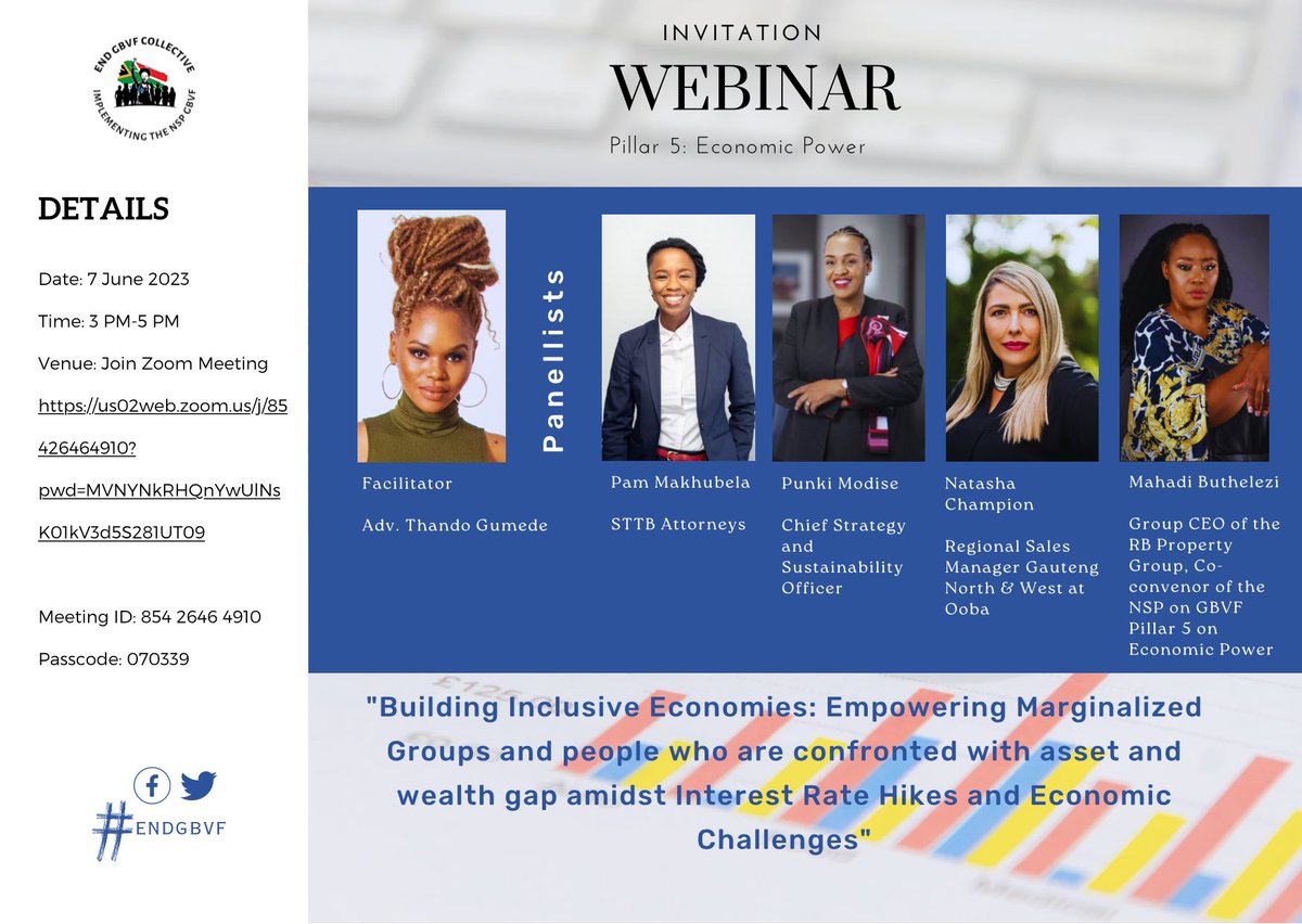 Invitation 📢 Call to Action Join the NSP-GBVF Pillar 5 on Economic Power Webinar and help build inclusive economies! Empower marginalised groups 📅 Date: 7th June 🕒 Time: 15h00 - 17h00 🔗 Click to Join: dwypd-gov-za.zoom.us/j/92568002067?… 🔒 Passcode: 328150 #endGBVF #Empowerment